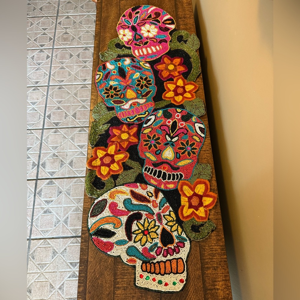 RARE! HTF! NWT Pier One Sugar Skull Day of the Dead Ornate Beaded Tablerunner